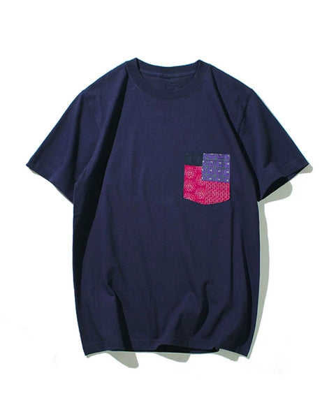 Patchwork Print Pocket Short Sleeve T-Shirt, Navy